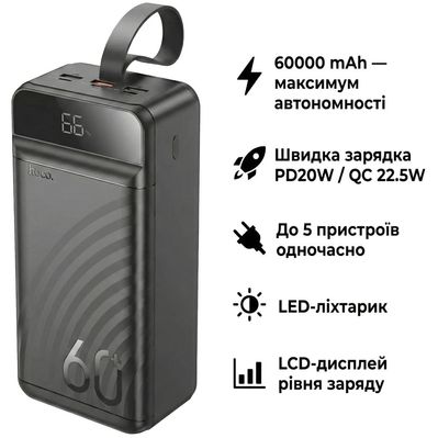 Батарея універсальна HOCO 60000mAh Element PD/20W, QC/22.5W, LED Lamp, Black (J123C / 714736)