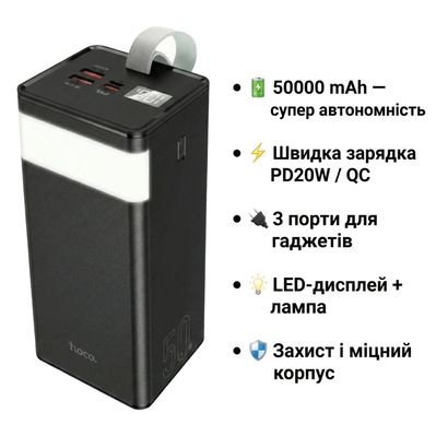 Батарея універсальна HOCO 50000mAh Powermaster PD/20W, QC/22.5W, Lamp, Black (J86A / 714738)
