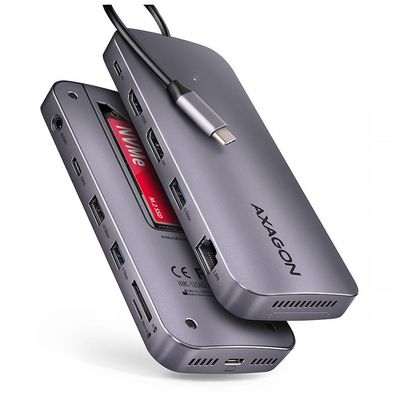 Концентратор AXAGON USB-C 12-in-1 HDMI + DisplayPort + RJ45 1000Mbps + PD100W aluminum gray (HMC-12GM2)