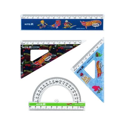 Лінійка Kite набір: лінійка 15 см, 2 косинця, транспортир Hot Wheels (HW25-282)