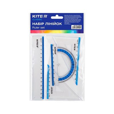 Лінійка Kite набір: лінійка 15 см, 2 косинця, транспортир (блакитна смуга) (K-280-07)