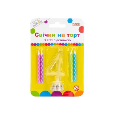 Свічка Maxi 4 шт. на торт з LED підставкою "4", що світиться (MX701007-4)