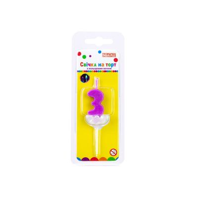 Свічка Maxi двостороння "3" з кольоровим вогнем, розмір 20*8*40 мм (MX622093-3)