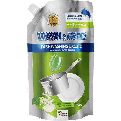 Засіб для ручного миття посуду Wash&Free зелене яблуко та екстракт едельвейса дой-пак 500 г (4260637724656)
