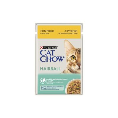 Вологий корм для кішок Purina Cat Chow Hairball з куркою та зеленою квасолею в желе 85г (7613037031393)