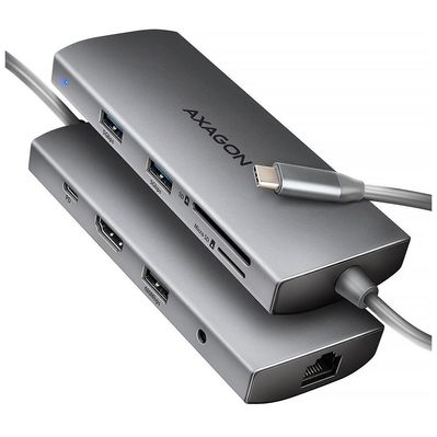 Концентратор AXAGON USBC to 3xUSB-A + HDMI + RJ45 + SD/microSD + audio + PD 100W 0.2m grey (HMC-8HLSA)